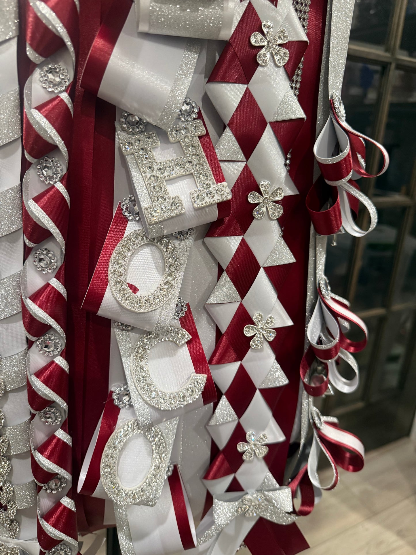Burgundy/White/Silver Homecoming Garter/Mum