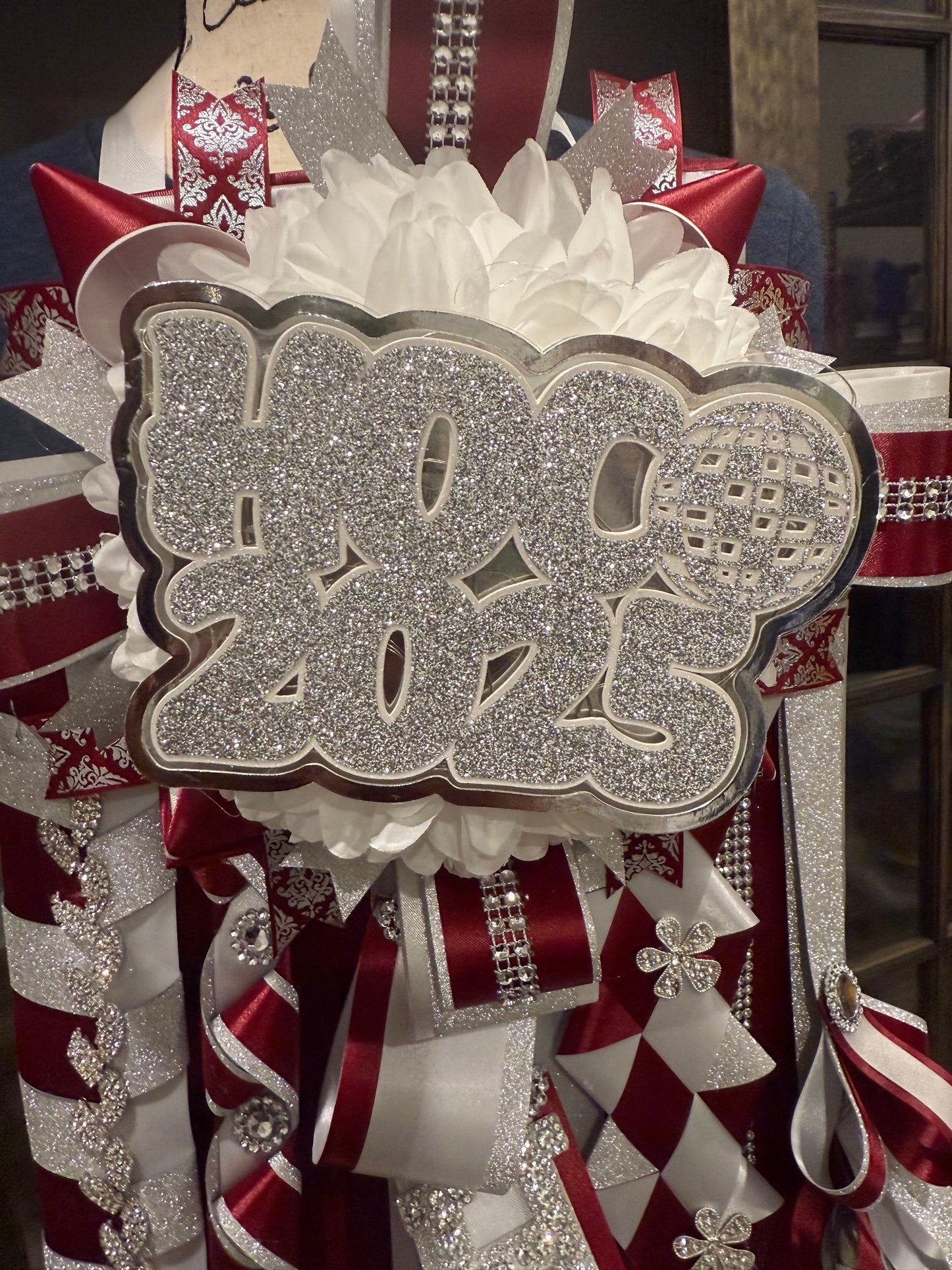 Burgundy/White/Silver Homecoming Garter/Mum