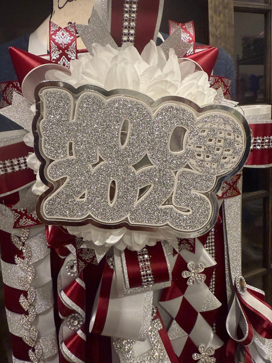 Burgundy/White/Silver Homecoming Garter/Mum