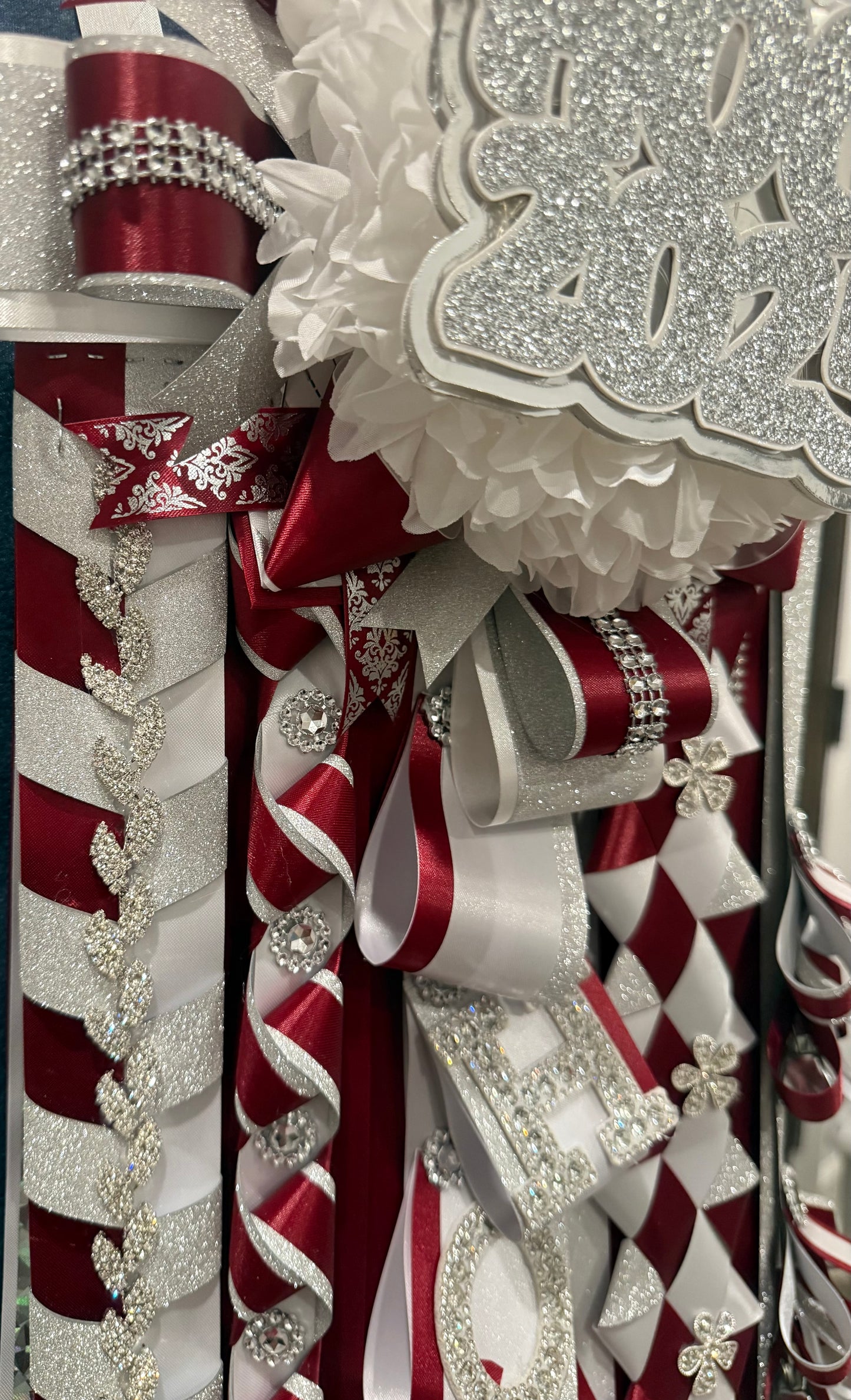 Burgundy/White/Silver Homecoming Garter/Mum